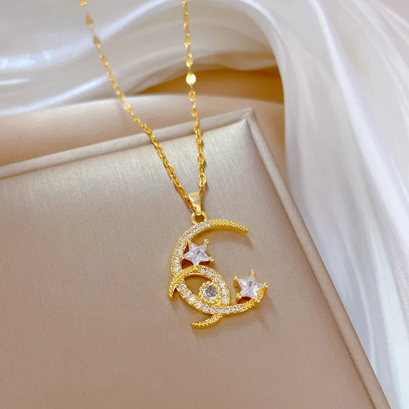 Star Moon Pendant Necklace | Gold Stainless Steel Choker Women Pendant Necklace Nixie