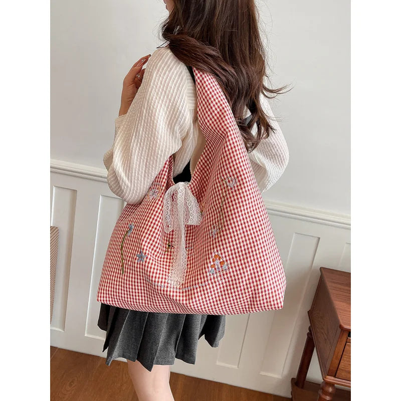Women's Plaid Shoulder Bag with Embroidered Flowers | Large Shoulder Bag Nixie