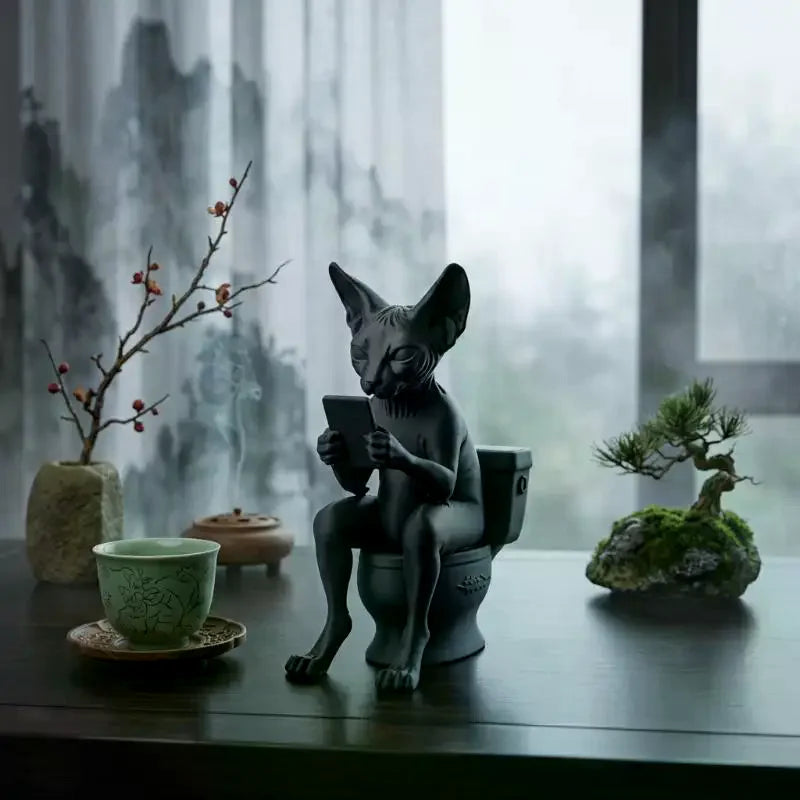 Black Cat on Toilet Figurine | Whimsical Matte PLA Desk Decor Decorative Figurine Nixie