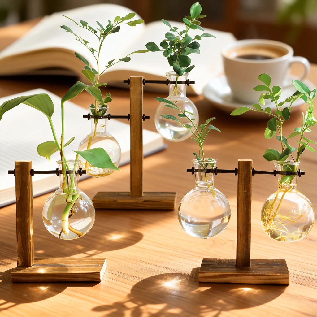 Hydroponic Glass Bud Vase with Wooden Stand – Desktop Terrarium Hydroponic Bud Vase Nixie