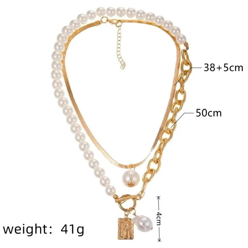 2PCS Gold Hip Hop Baroque Faux Pearl Pendant Necklaces Set Pendant Necklace Set Nixie