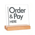 Acrylic Order & Pay Here Desk Sign with Wood Base | Double Sided Tabletop Desk Sign Nixie Transparent
