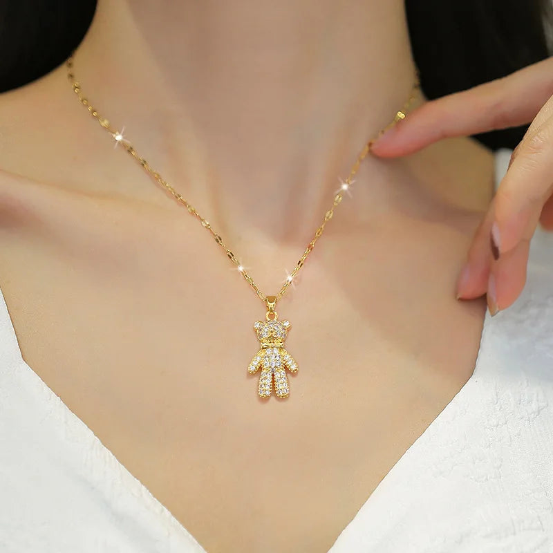 Butterfly Bow Bear Pendant Choker Necklace – Gold Stainless Steel Pendant Necklace Nixie