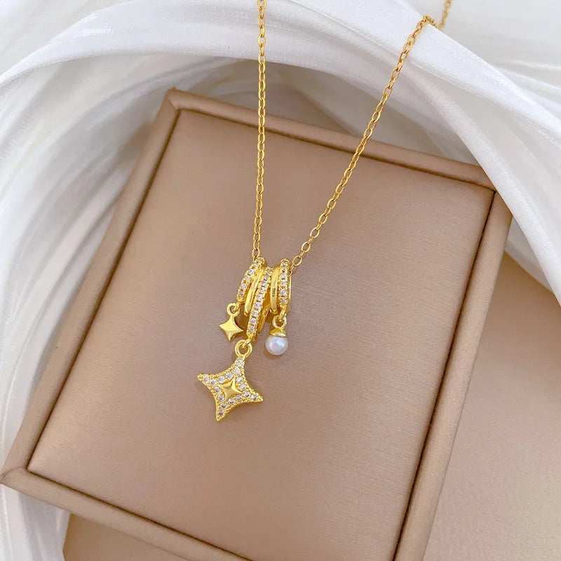Gold Star Pendant Choker Necklace – Stainless Steel & Zircon