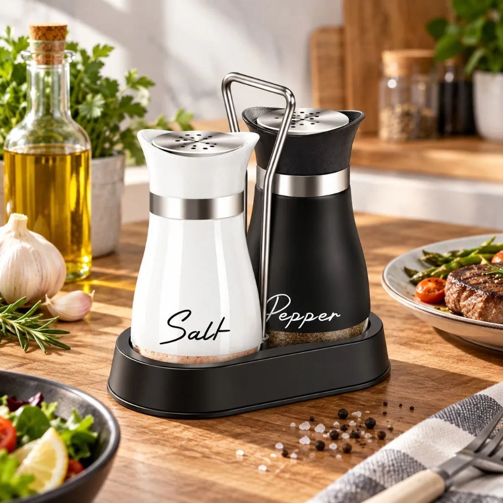 3-Piece Salt & Pepper Shaker Set with Stand – Farmhouse Spice Jar Salt & Pepper Shaker Set Nixie