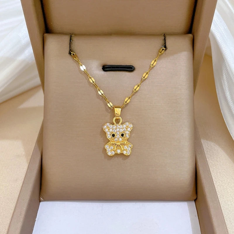 Butterfly Bear Pendant Gold Choker Necklace – Stainless Steel Pendant Choker Necklace Nixie