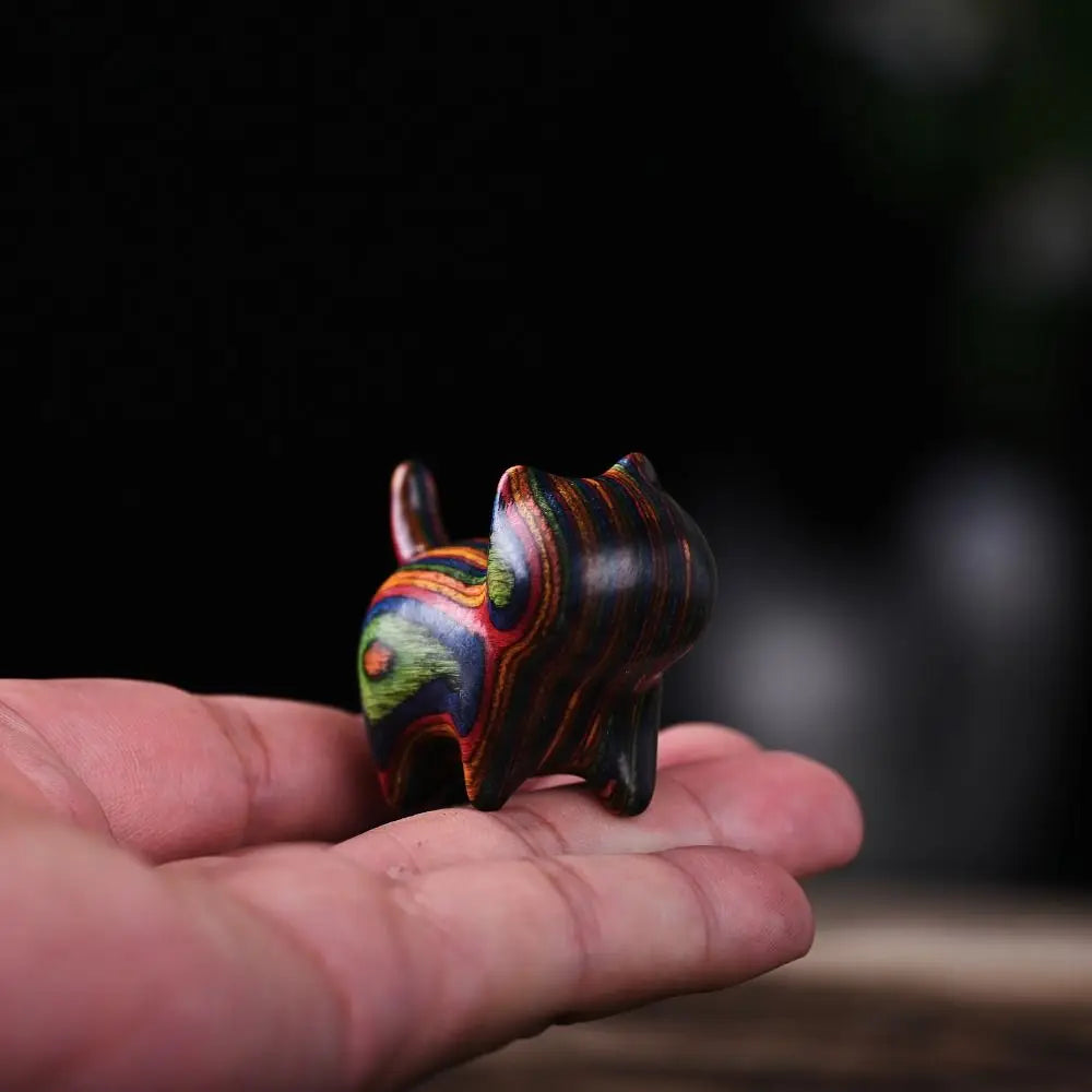Rainbow Wooden Cat Ornament – Colorful Carved Desk Sculpture