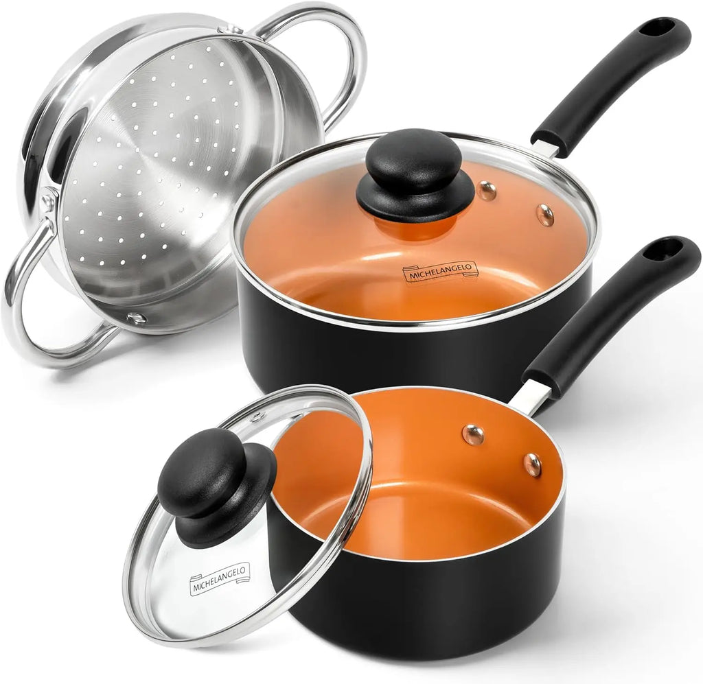 MICHELANGELO 1QT & 2QT Ceramic Non-Stick Pot Set + Steamer Ceramic Cookware Set Nixie Three piece Set