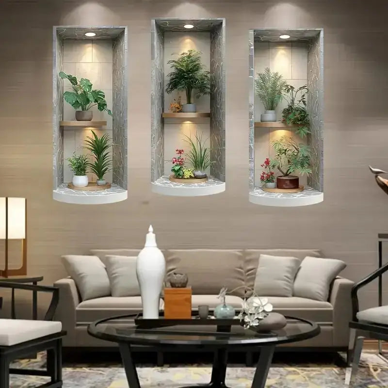 2D Faux Recessed Niche Wall Decals – Plant Marble Effect, 3pc Wall Decal Sticker Nixie