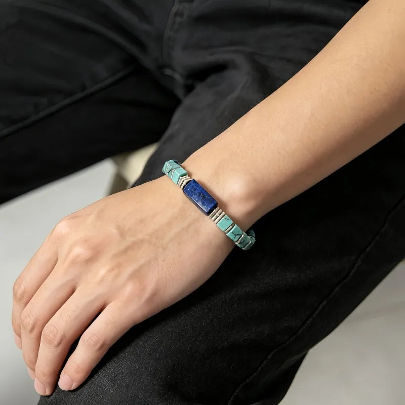 Natural Turquoise & Lapis Lazuli Square Tube Bracelet Stone Beaded Bracelet Nixie