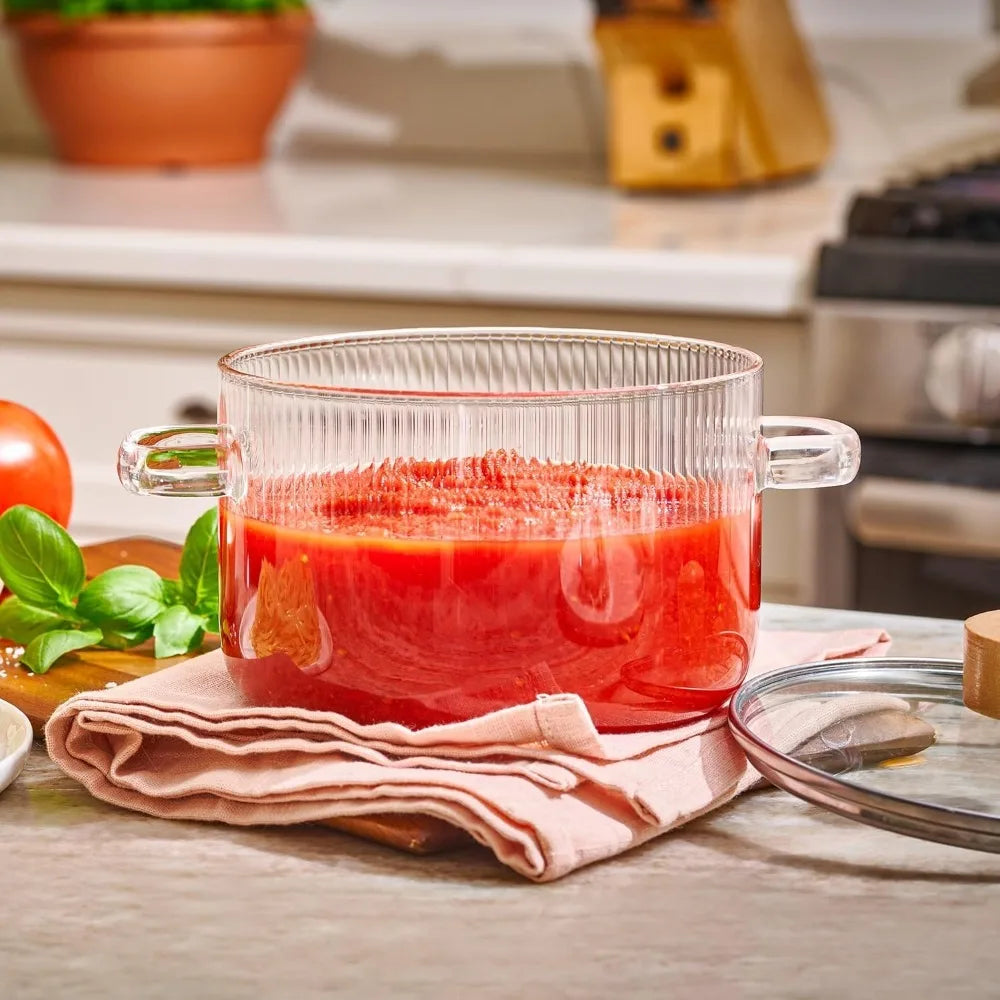 FEB.WIND 1.6L Glass Soup Pot with Lid & Wooden Handle Glass Cooking Pot Nixie