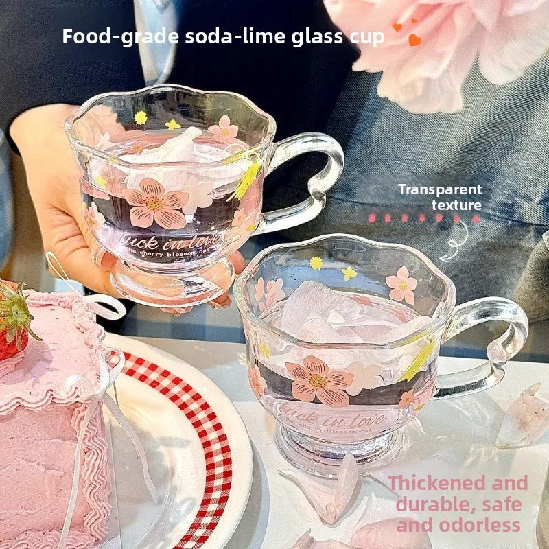 Cherry Blossom Glass Cup with Handle | Tea Coffee Juice Cup Painted Glass Cup Nixie