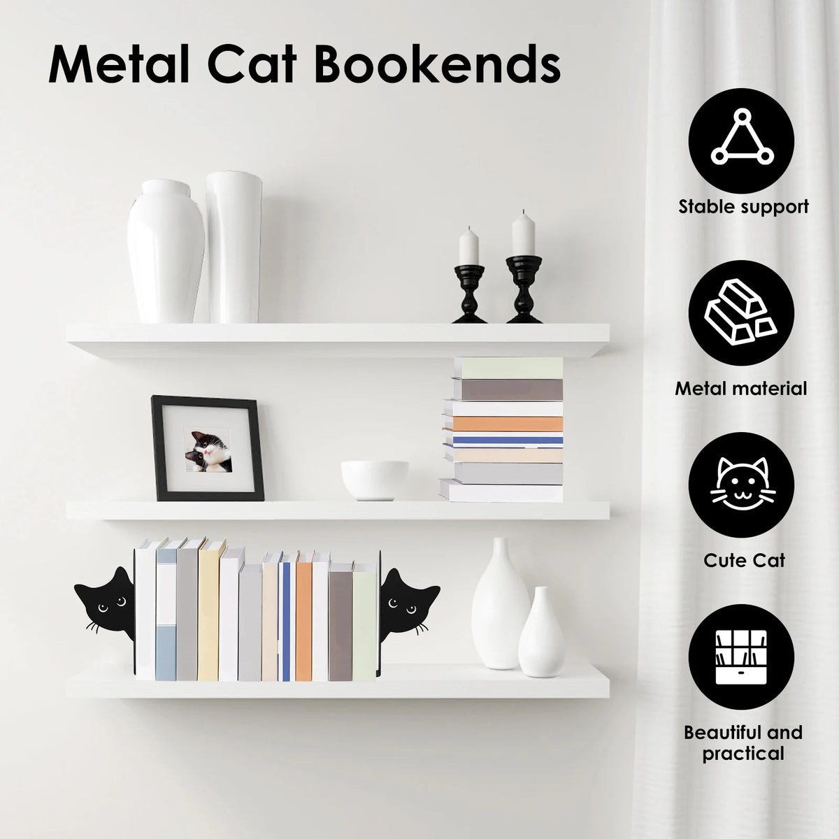 2Pcs Peeping Cat Metal Bookends – Desk & Shelf Book Stand Decorative Bookends Nixie