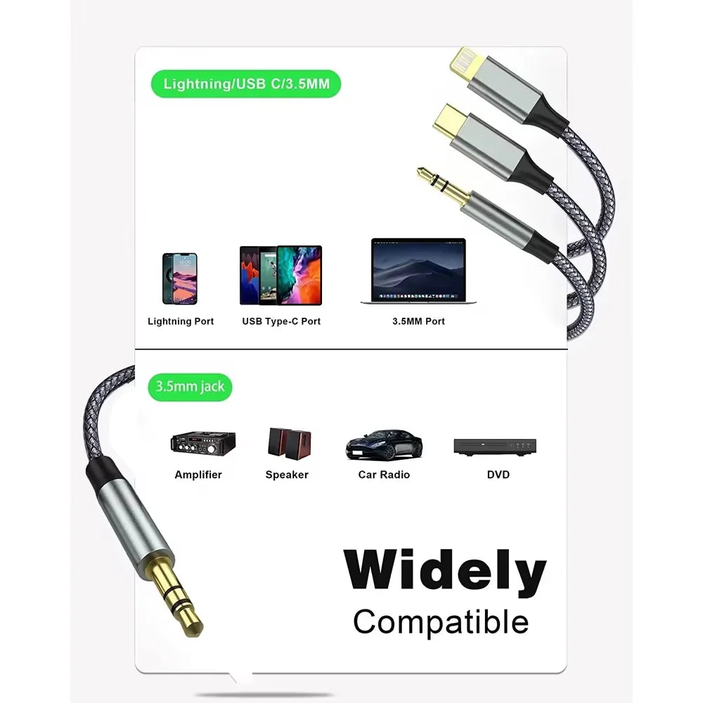 3-in-1 USB-C Lightning to 3.5mm Aux Audio Cable | Male to Male Aux Audio Cable Nixie