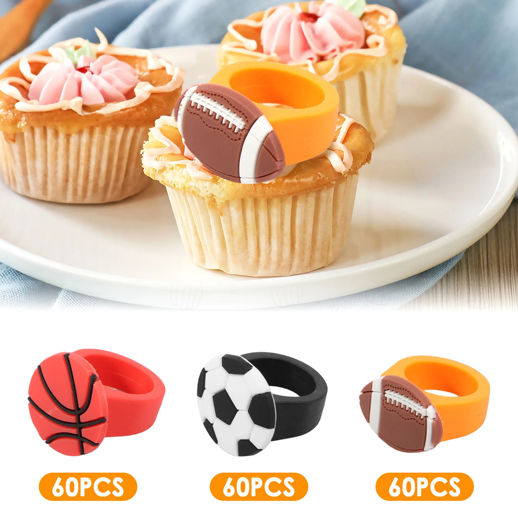 60 Pcs Sports Cupcake Topper Rings – Football, Basketball & Rugby Cupcake Topper Rings Nixie