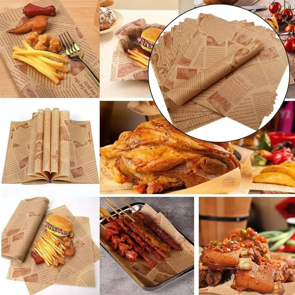 100Pcs Newspaper-Style Greaseproof Food Wrapping Paper Burger