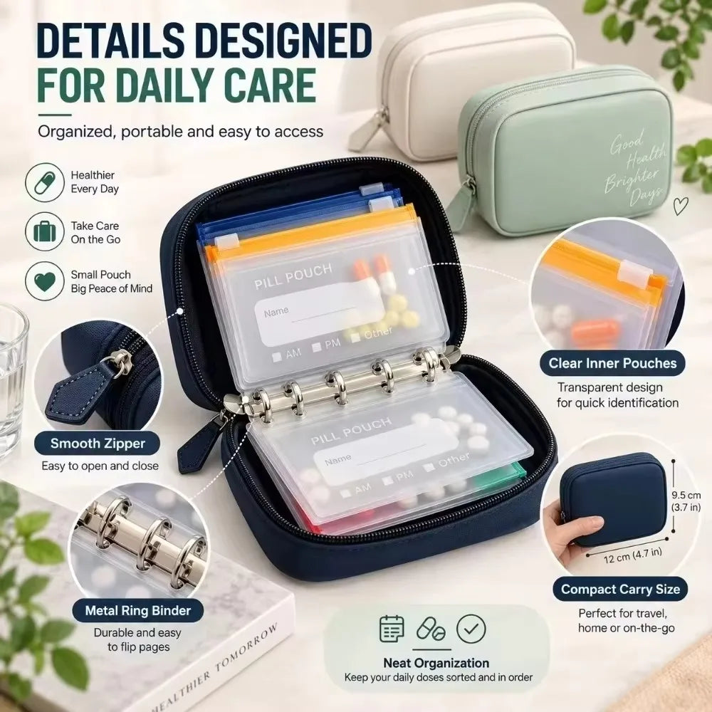 Compact Pill Organizer – 14 Zipper Pouches & Binder Case Pill Organizer Nixie
