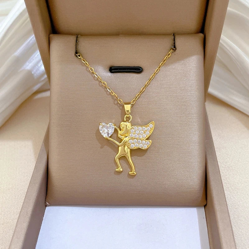 Cupid Pendant Necklace Women | Gold Stainless Steel Chain Pendant Necklace Nixie