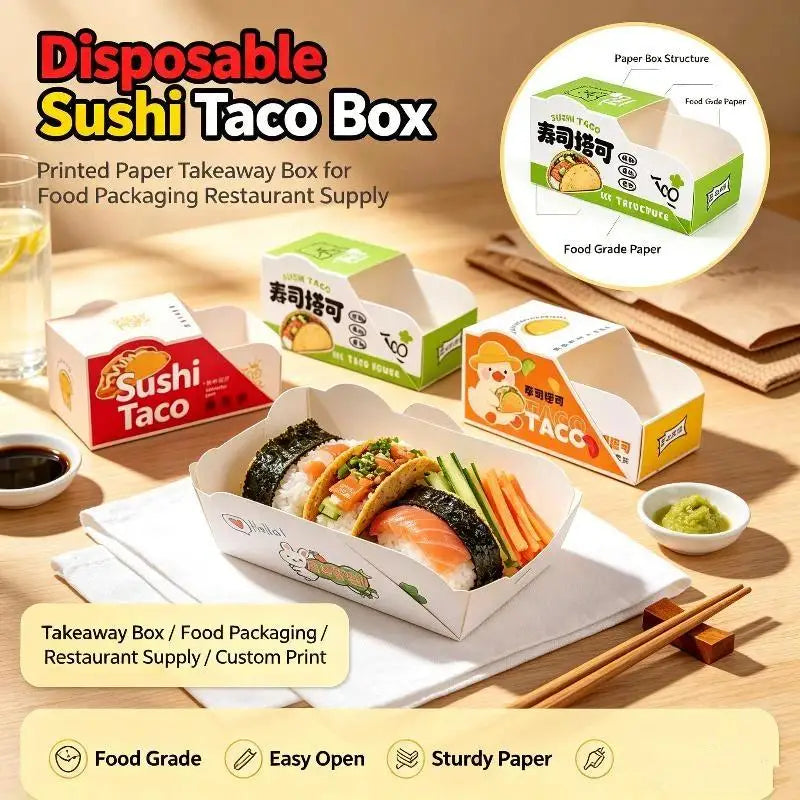 50Pcs Disposable Sushi Taco Paper Boxes – Greaseproof Cartoon Disposable Food Boxes Nixie