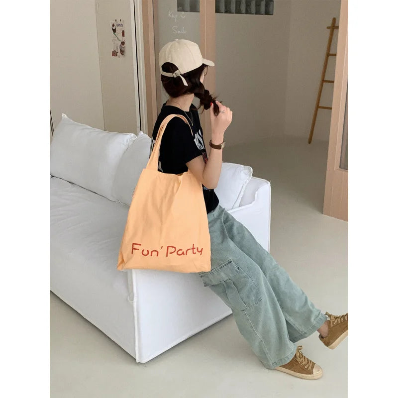 Korean Letter Print Canvas Tote Bag – Large Capacity Cream Canvas Tote Bag Nixie