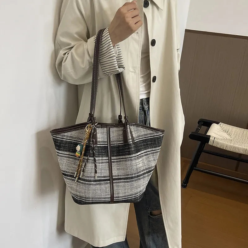 Large-Capacity Striped Canvas Tote Bag – Women's Shoulder Bag Canvas Tote Bag Nixie