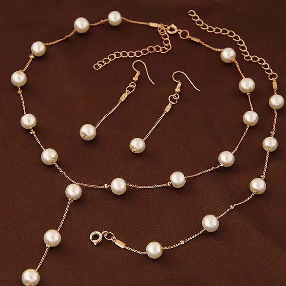 4-Piece Gold Pearl Tassel Jewelry Set – Necklace, Earrings & Bracelet Fashion Jewelry Set Nixie Gold suit