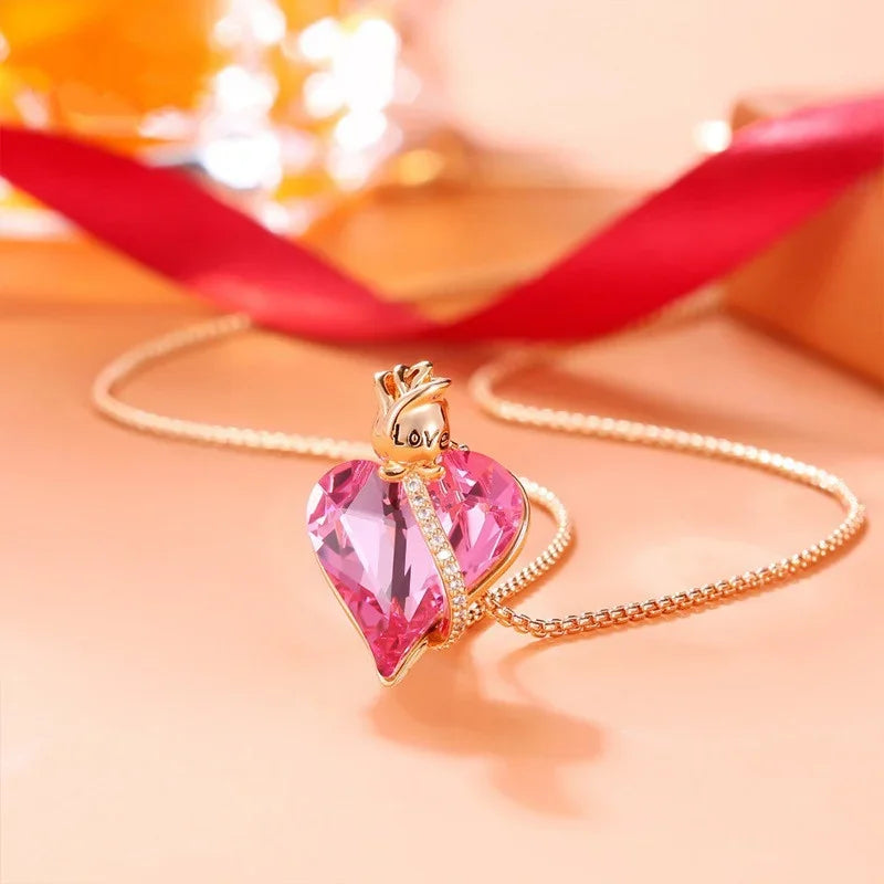 Pink Crystal Heart Pendant Necklace | Rose Flower Gift for Women Pendant Necklace Nixie