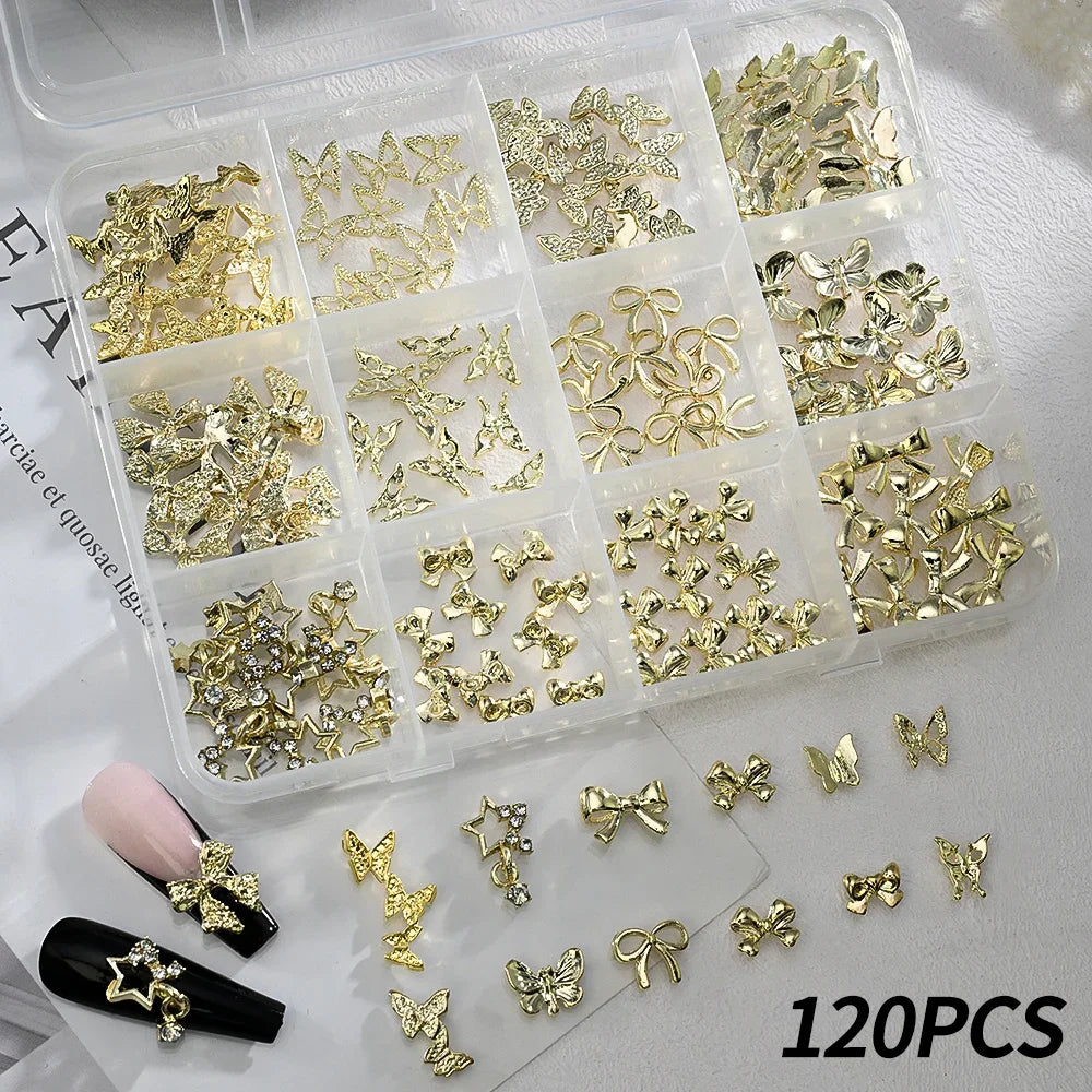 120pcs 3D Gold Bow Butterfly Metal Nail Charms | Nail Art Jewelry Nail Art Charms Nixie