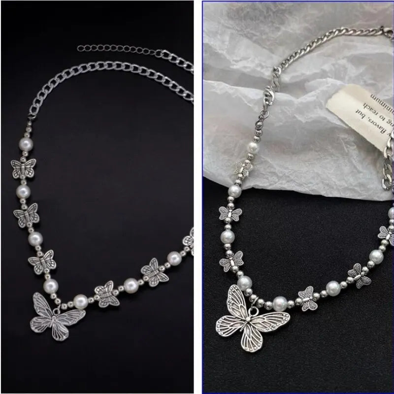 2PC Antique Silver Butterfly Faux Pearl Choker Necklace Set Choker Necklace Set Nixie