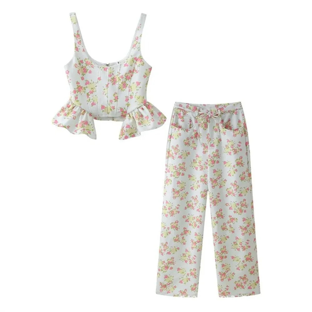 Women's Ruffle Crop Top & Wide Leg Pants Set | Summer 2-Piece Women's Outfit Set Nixie Yellow L