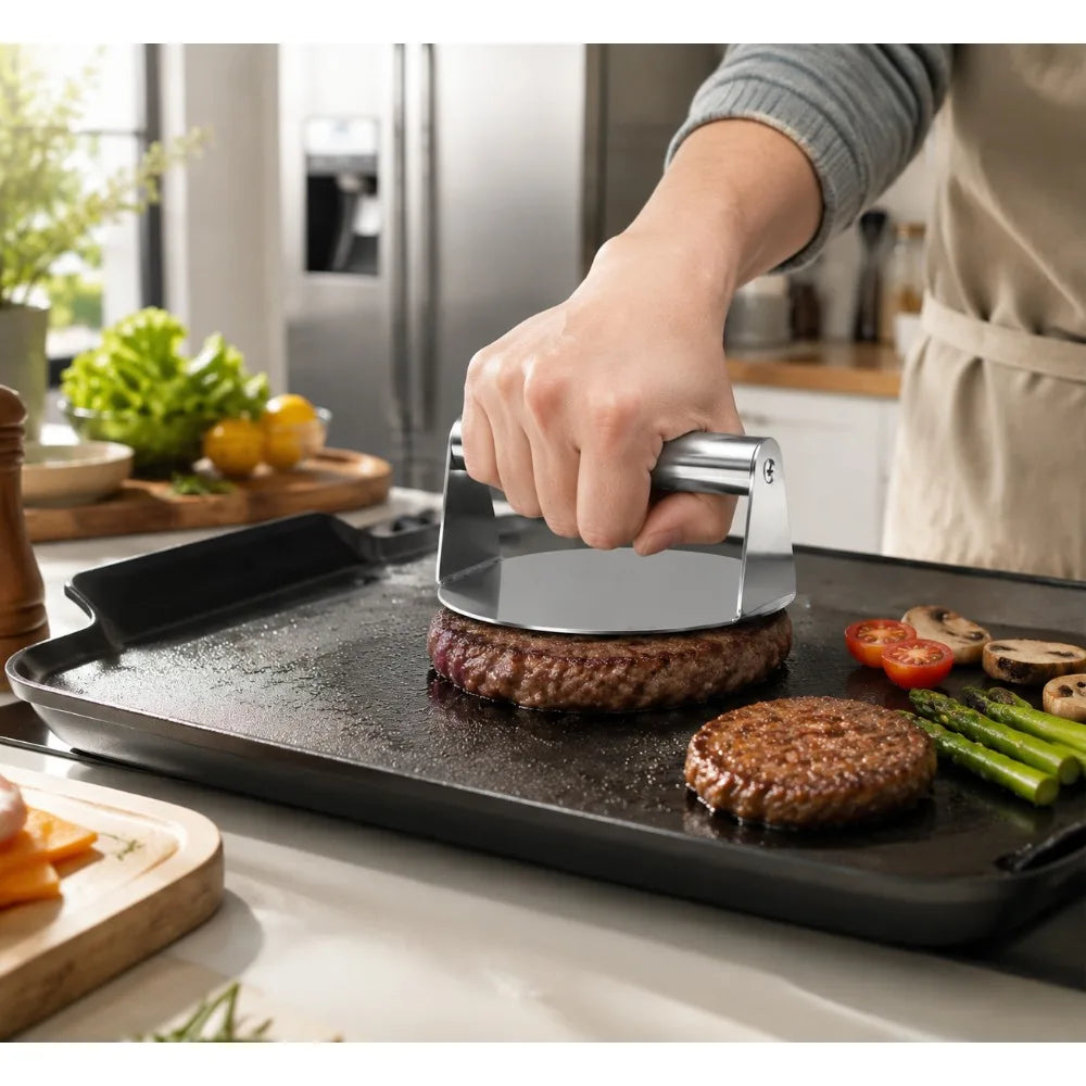 Smash Burger Press & Steak Tongs Set – Heavy-Duty Stainless Steel BBQ Burger Press Set Nixie
