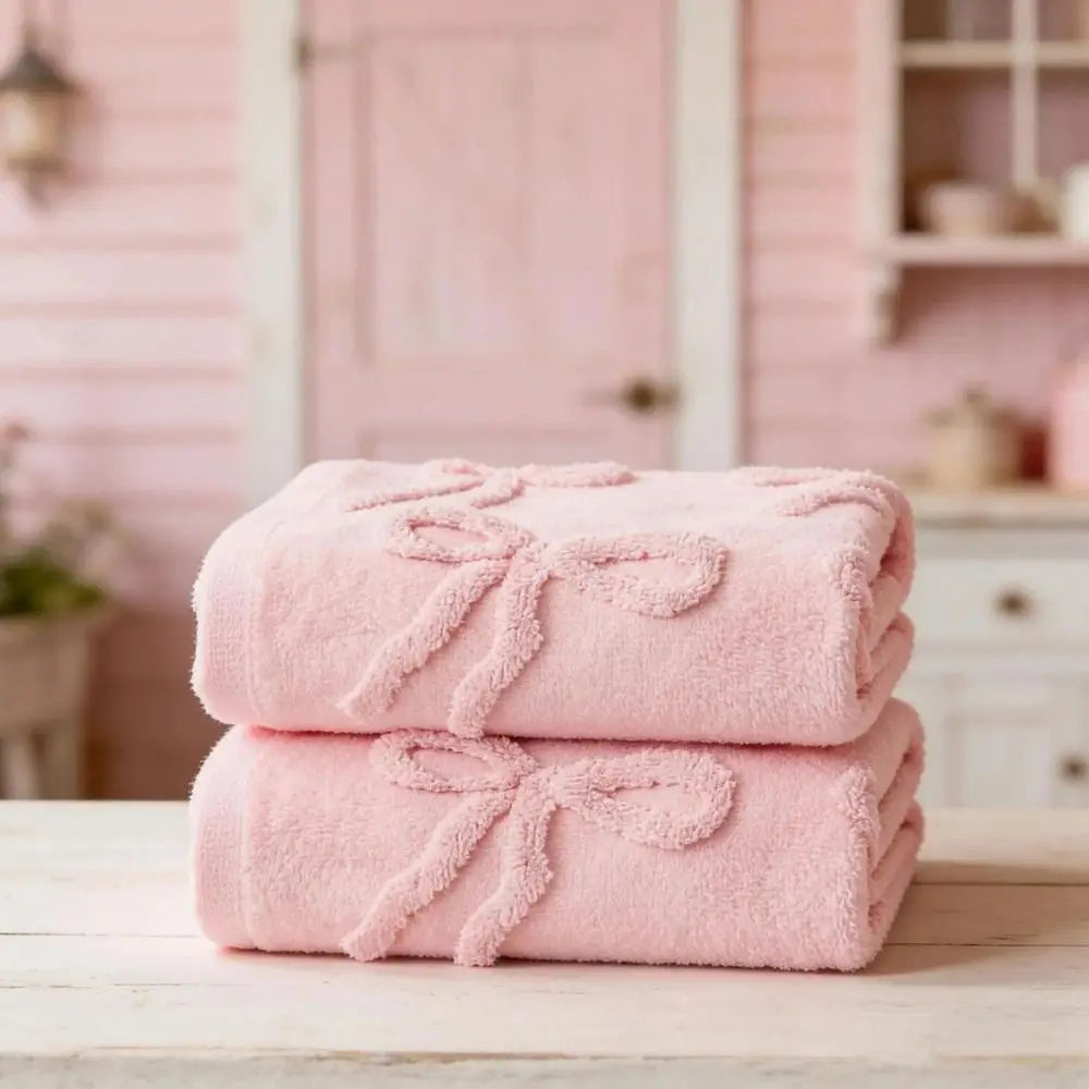 3D Bow Jacquard Cotton Hand Towel – Soft, Quick Dry, Pink