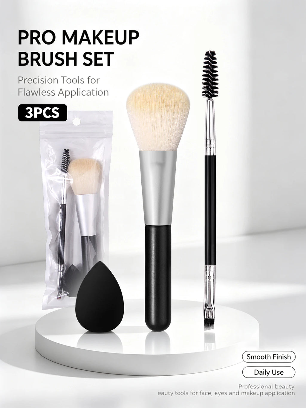 3-Piece Makeup Brush Set – Powder Brush, Eyebrow Brush & Puff Makeup Brush Set Nixie black
