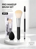3-Piece Makeup Brush Set – Powder Brush, Eyebrow Brush & Puff Makeup Brush Set Nixie black