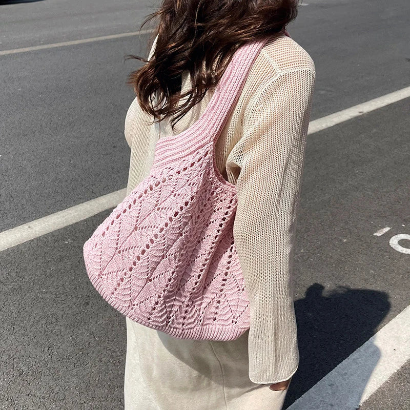 Women's Knitted Cotton Tote Bag – Large Capacity Shoulder Bag Knitted Tote Bag Nixie