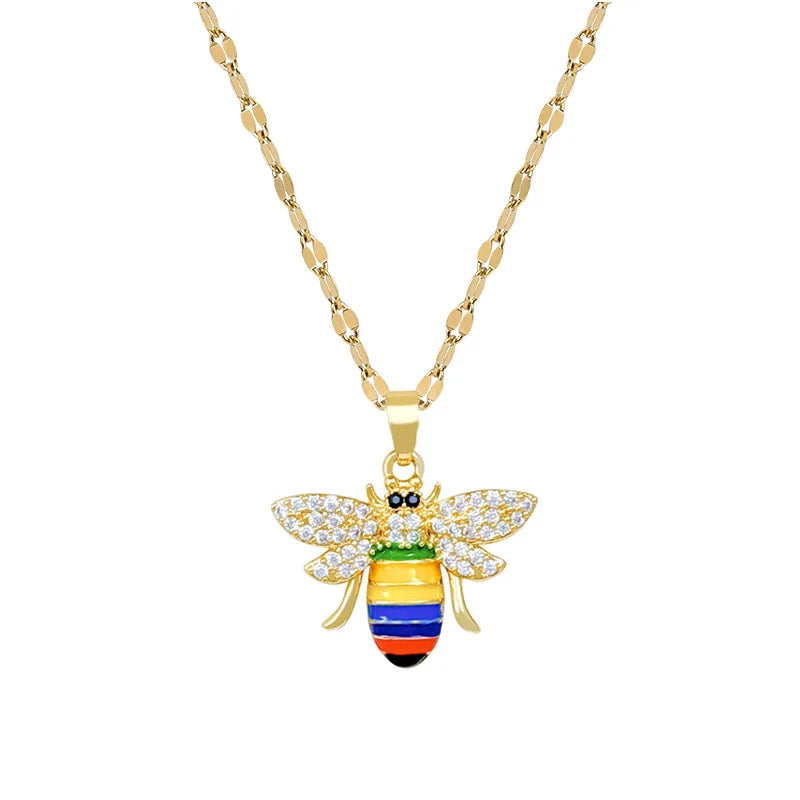 Gold Bee Pendant Choker Necklace – Stainless Steel & Zircon Pendant Choker Necklace Nixie