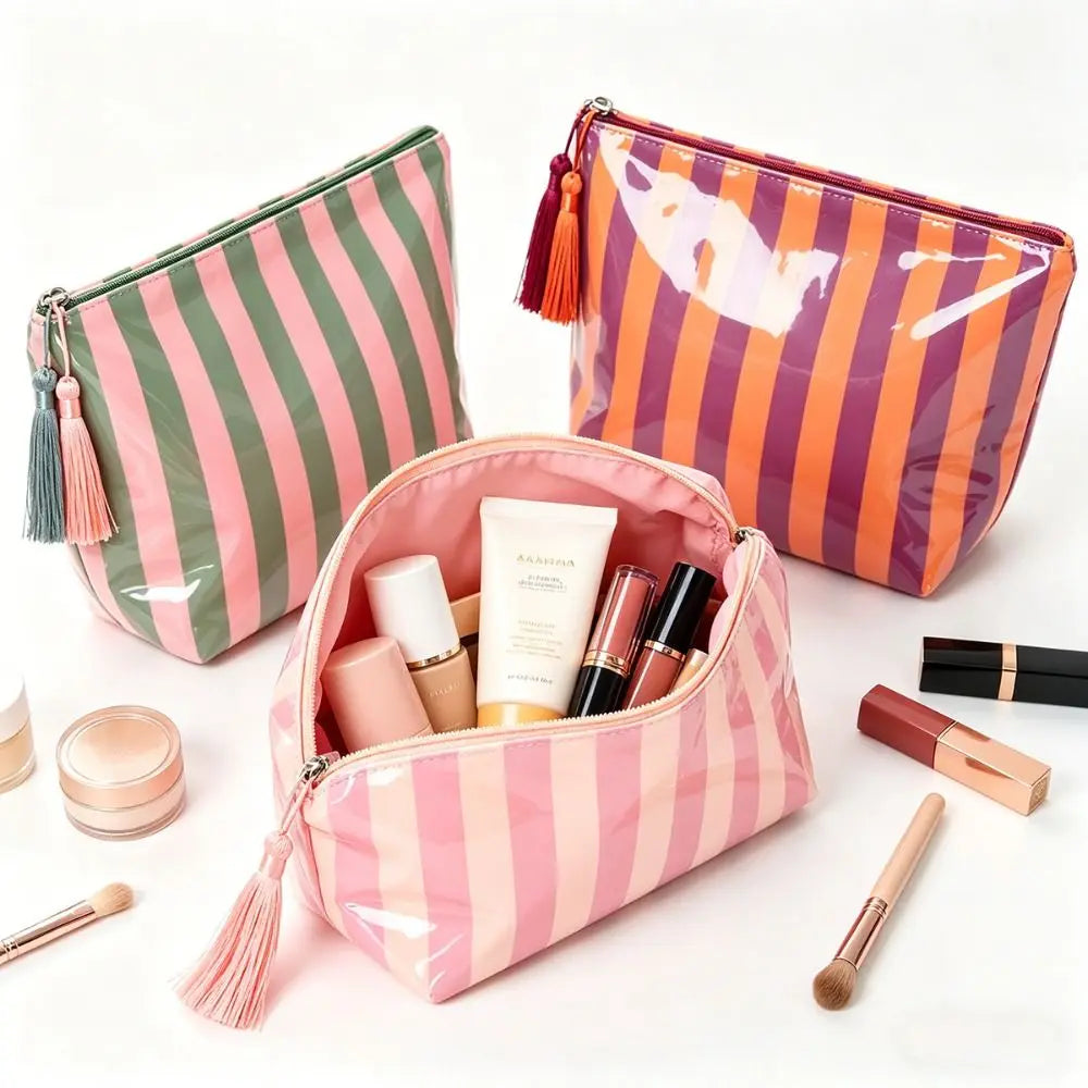 Glossy PVC Striped Cosmetic Bag Zip Makeup Organizer Travel Pouch Cosmetic Travel Bag Nixie
