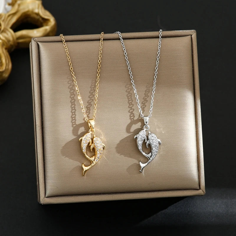 Dolphin Pendant Necklace Women – Sparkling Zircon Copper Chain Pendant Necklace Nixie