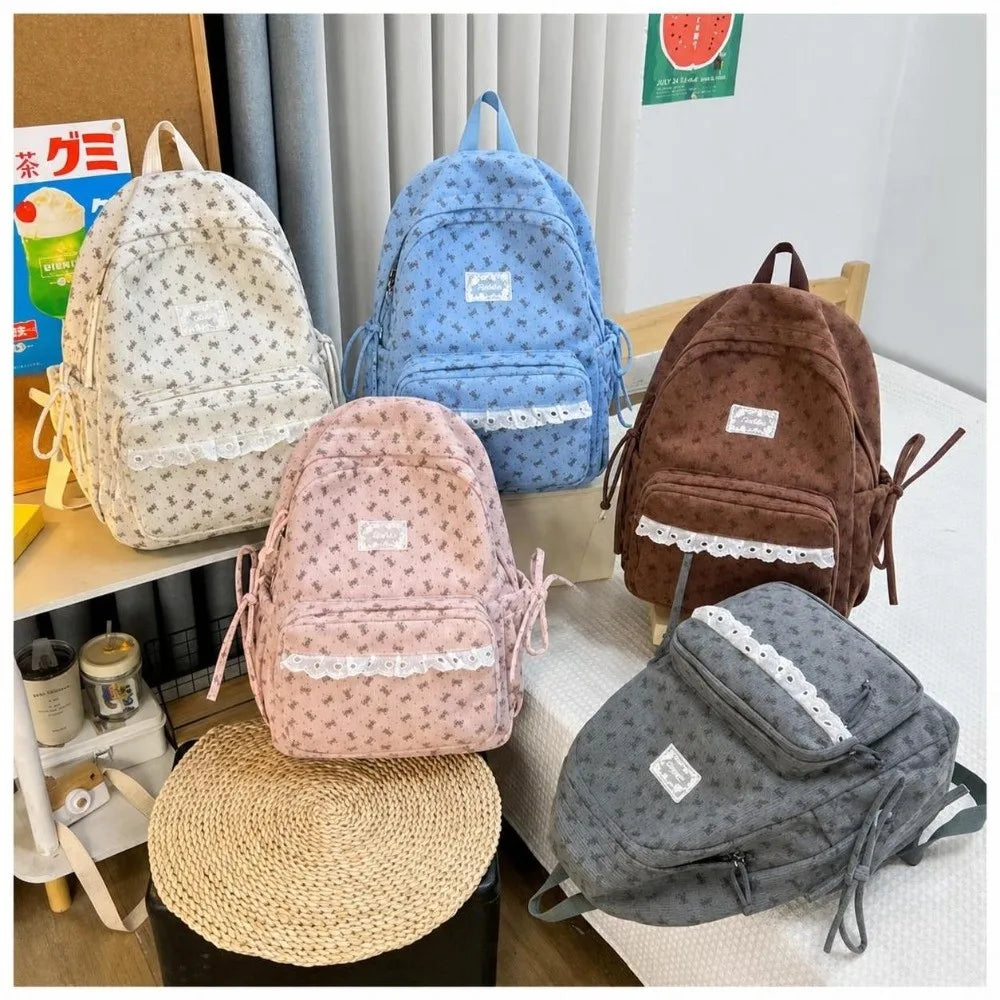 Korean Corduroy Backpack Bow Knot Polka Dot Preppy School Bag