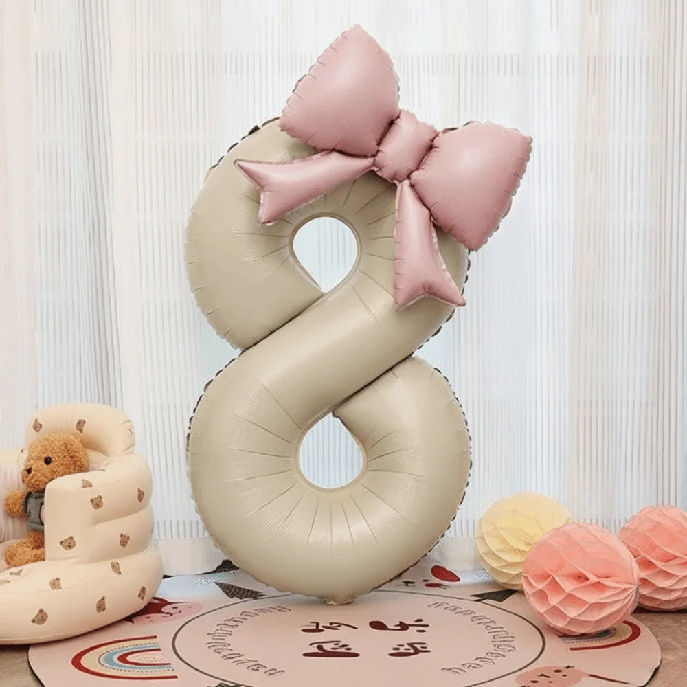 40" Cream White Number Foil Balloon with Pink Bow | Party Decor Foil Number Balloon Nixie 8 with bow 40inch
