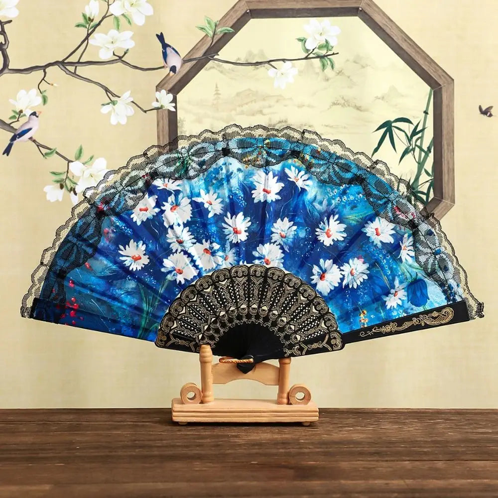 Spanish Folding Fan Black Floral Lace Trim Dance Prop Gift