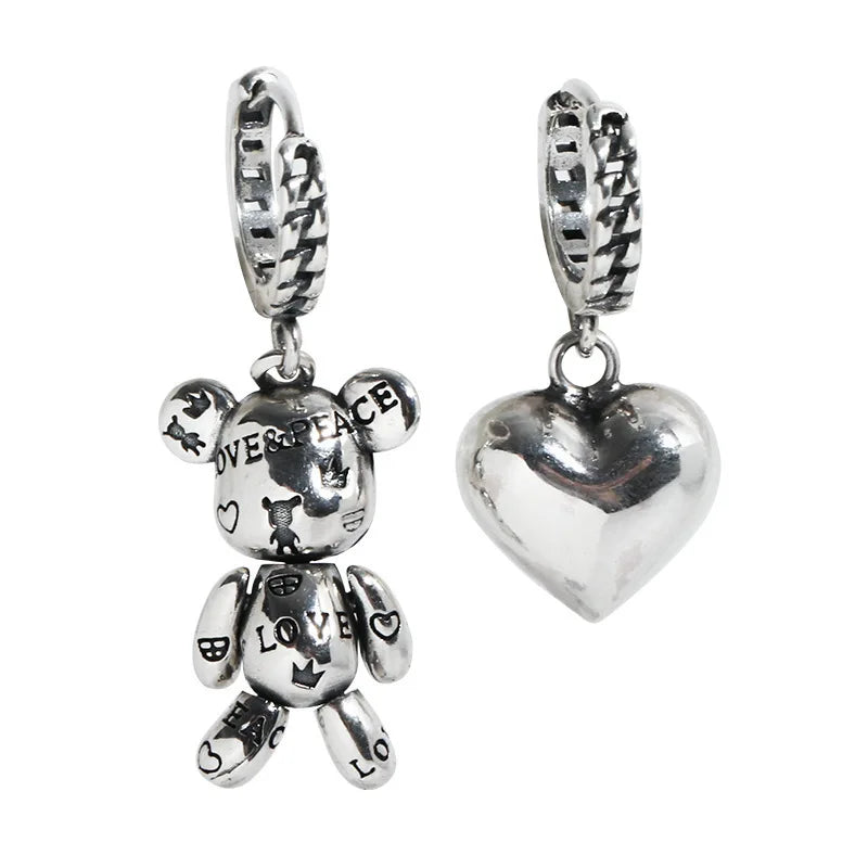 Antique Silver Bear Asymmetric Stud Earrings | Unisex Vintage Fashion Stud Earrings Nixie AB section