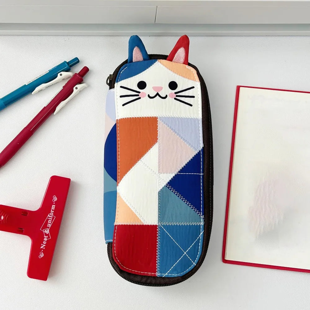 Cat Patchwork Pencil Case – Large Capacity Canvas Pen Bag
