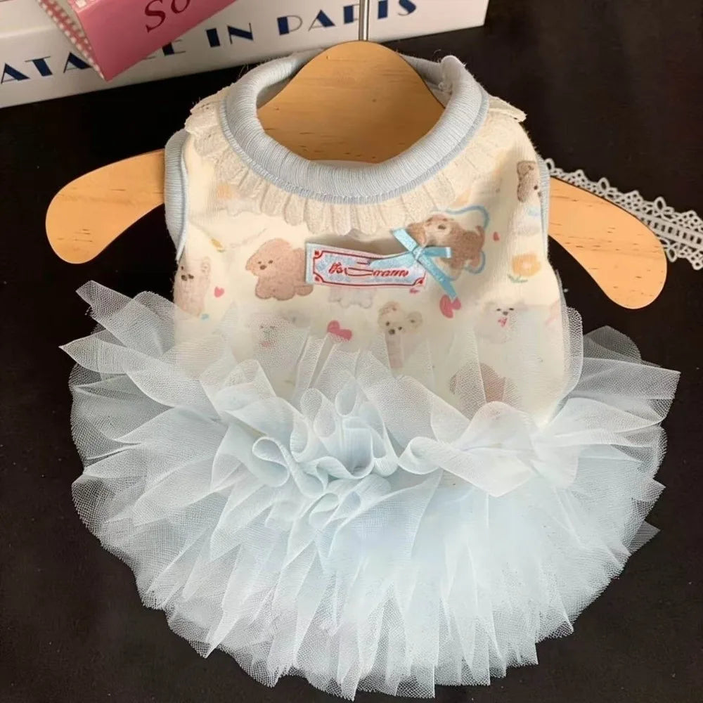 Cute Summer Princess Dress for Small Dogs – Blue Puppy Pattern Dog Dress Nixie S A