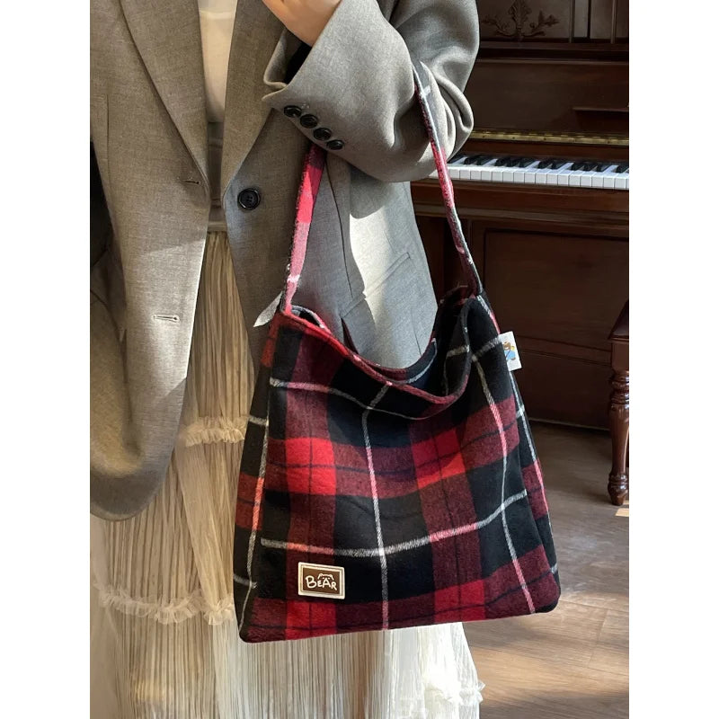 Vintage Plaid Woolen Tote Bag – Large Shoulder Handbag for Women Woolen Tote Bag Nixie