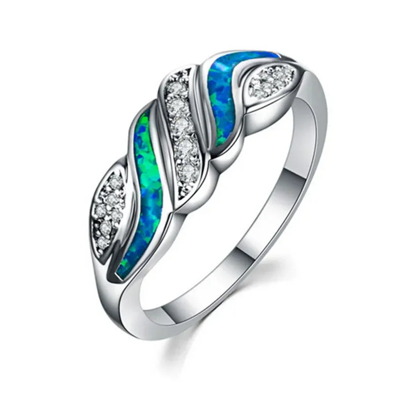 Silver Rhombus Blue Simulated Opal CZ Ring – Sizes 6–10