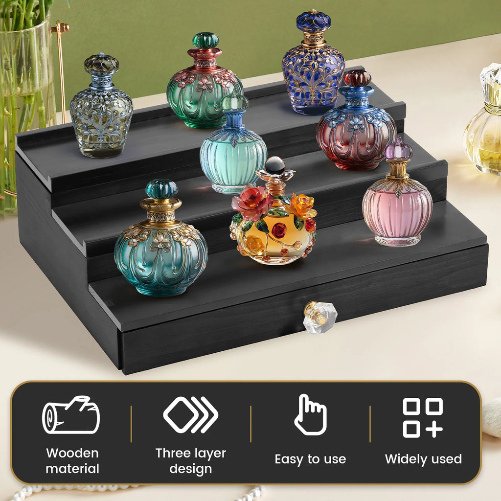 Wooden 3-Tier Perfume Organizer Stand with Drawer | Nixie Perfume Display Stand Nixie