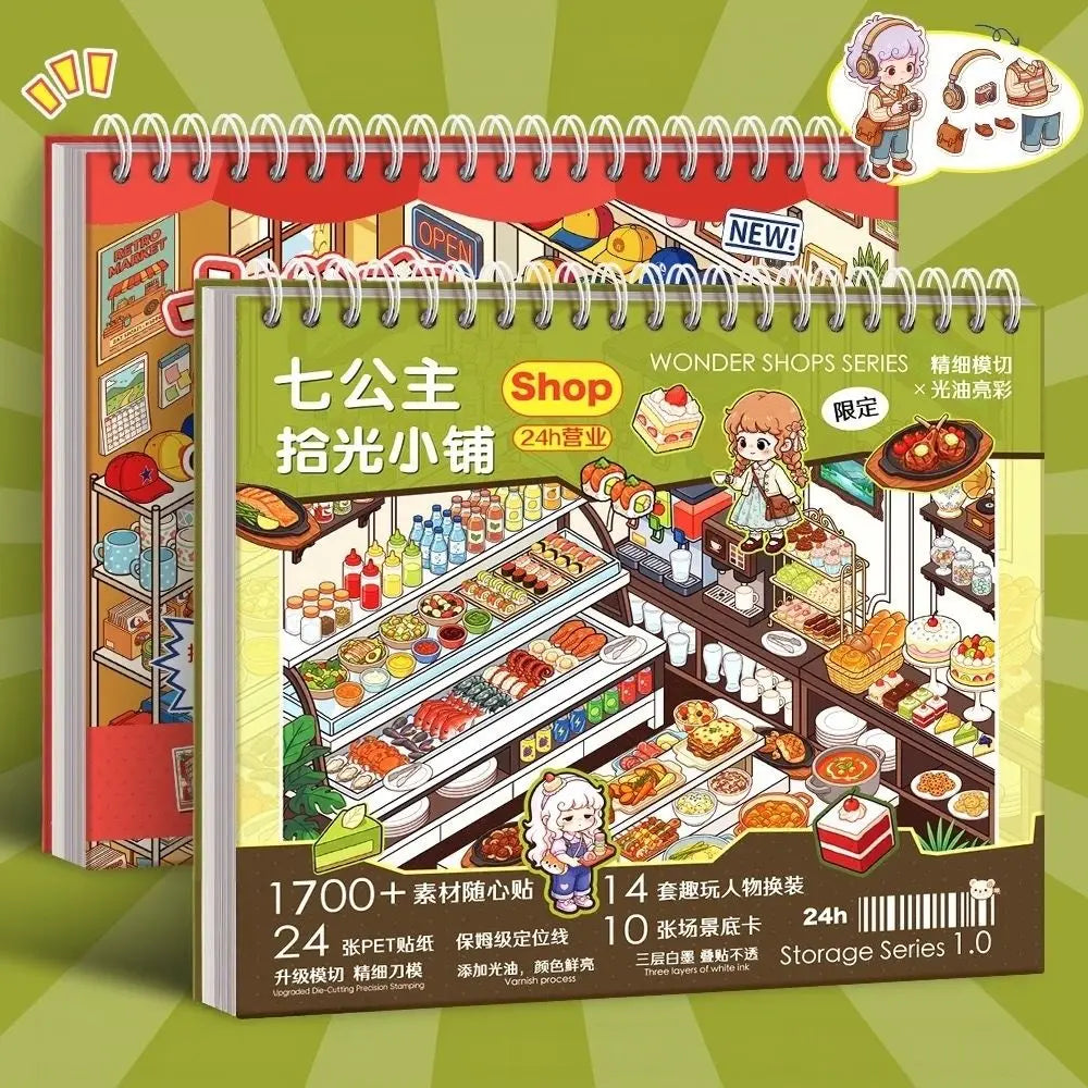 Miniature Scene PET Sticker Book – 10 Die-Cut Shop Scenes Craft Sticker Book Nixie