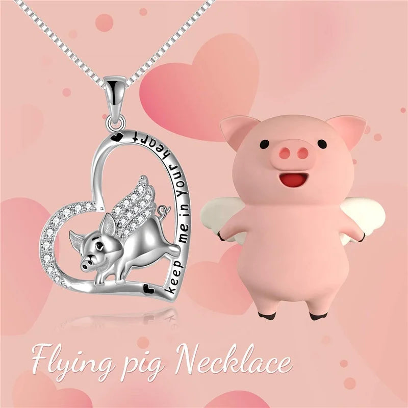 Silver Pig Heart Engraved Pendant Necklace | Cute Fashion Jewelry Pendant Necklace Nixie