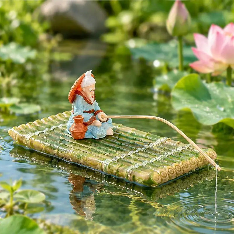 Floating Bamboo Raft Fisherman Ornament | Pond & Aquarium Decor Pond Garden Ornament Nixie